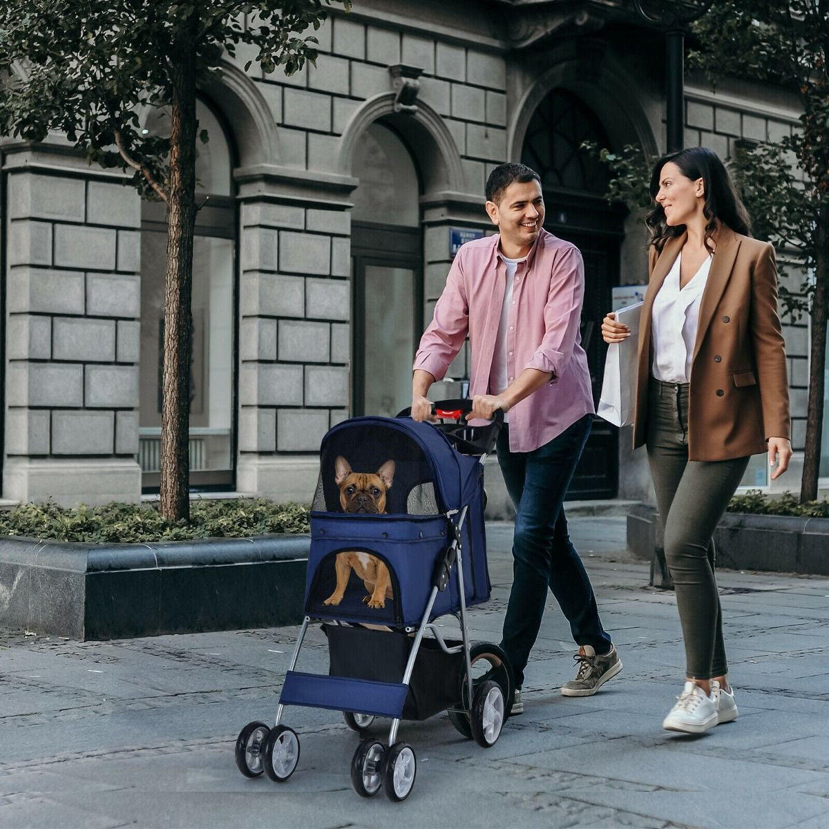 4-Wheel Folding Pet Stroller with Storage Basket and Adjustable Canopy System
