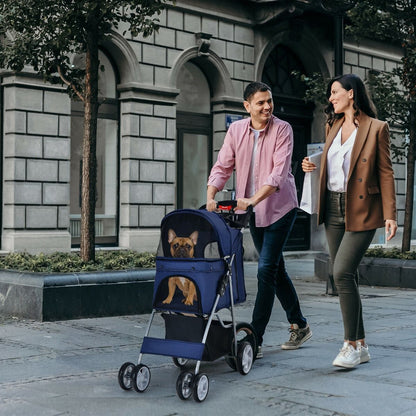 4-Wheel Folding Pet Stroller with Storage Basket and Adjustable Canopy System