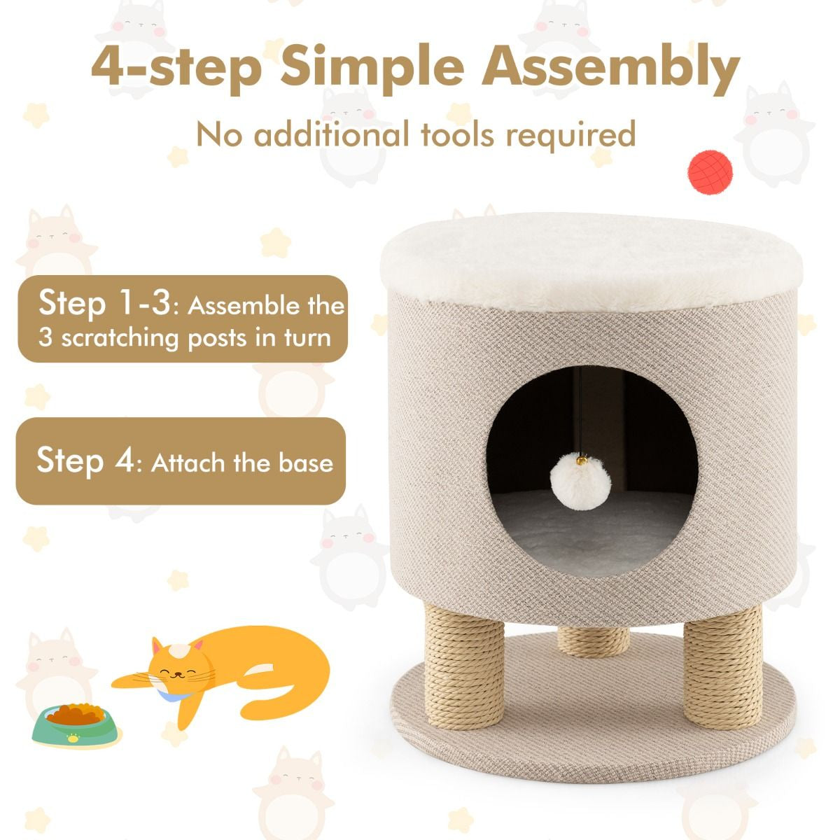 Indoor Cat Condo Stool with Scratching Posts and Plush Toy Ball