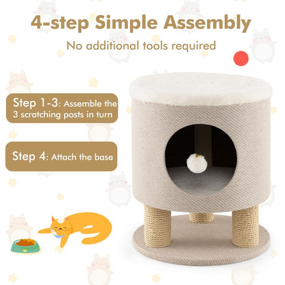 Indoor Cat Condo Stool with Scratching Posts and Plush Toy Ball