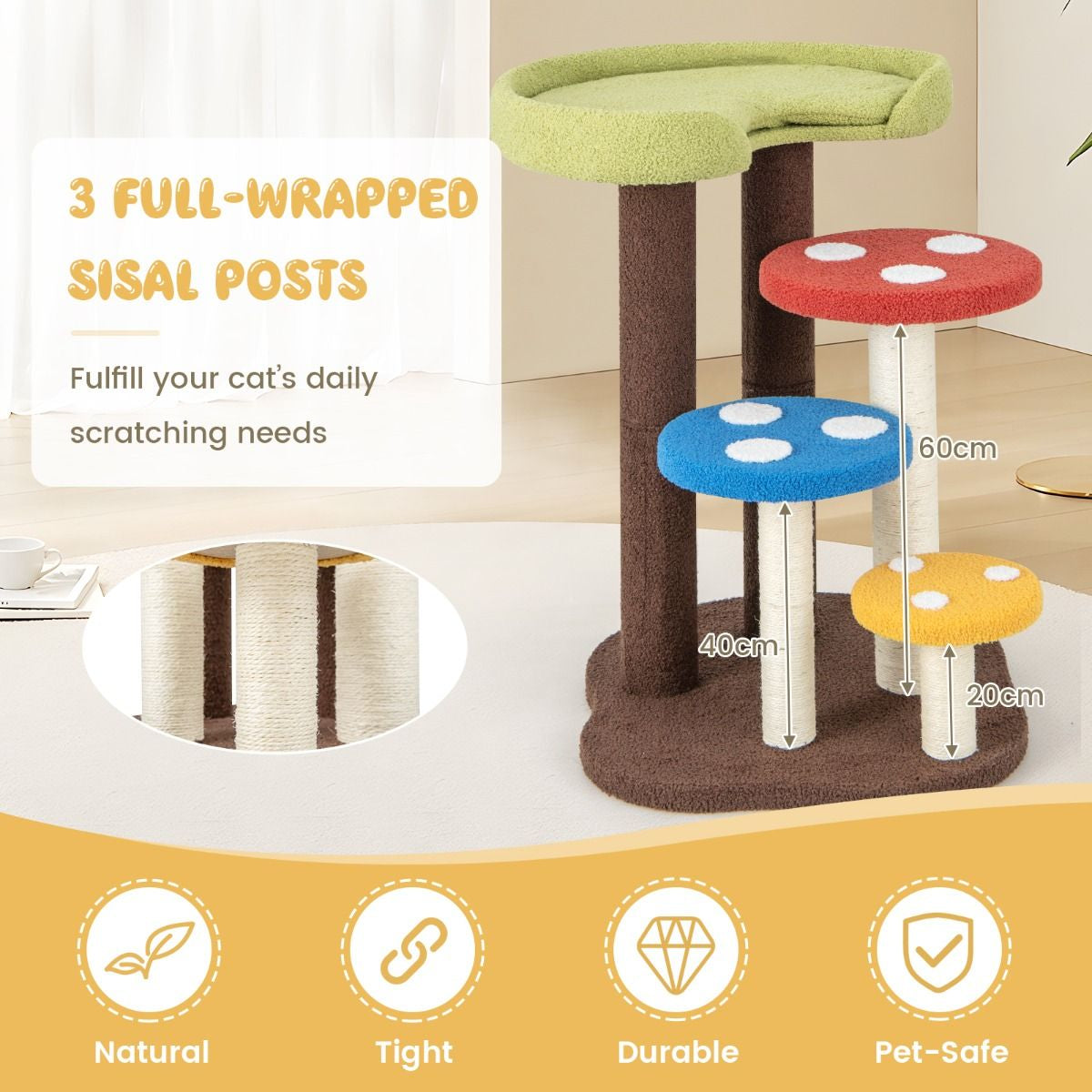 3-in-1 Cat Tree Featuring Three Fully Wrapped Sisal Posts with Removable Mat and Platforms