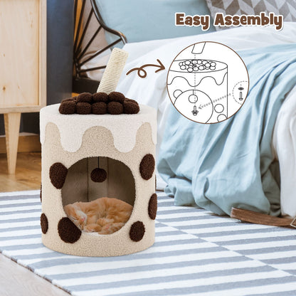 Charming Bubble Tea Cat Tree Tower with Interactive Scratching Post and Cozy Condo