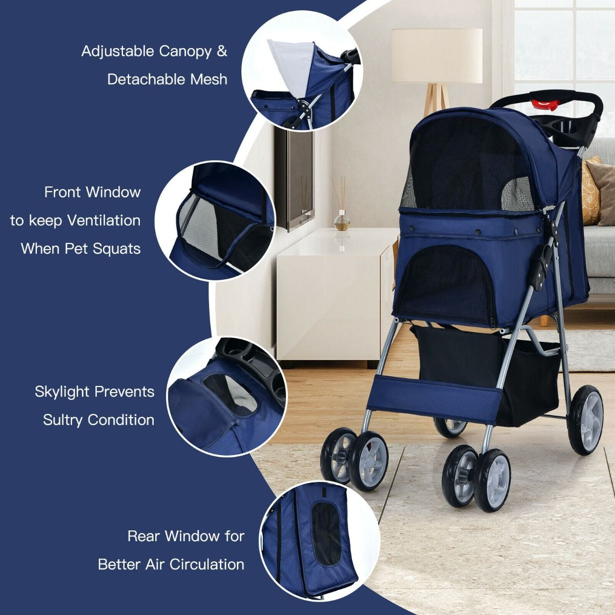 4-Wheel Folding Pet Stroller with Storage Basket and Adjustable Canopy System
