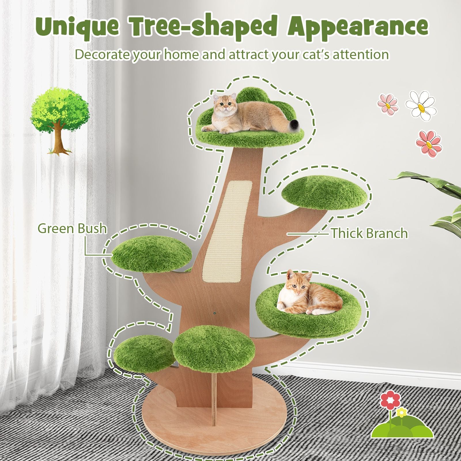 128 cm Multi-Level Pine Cat Tower with Sisal Scratching Board