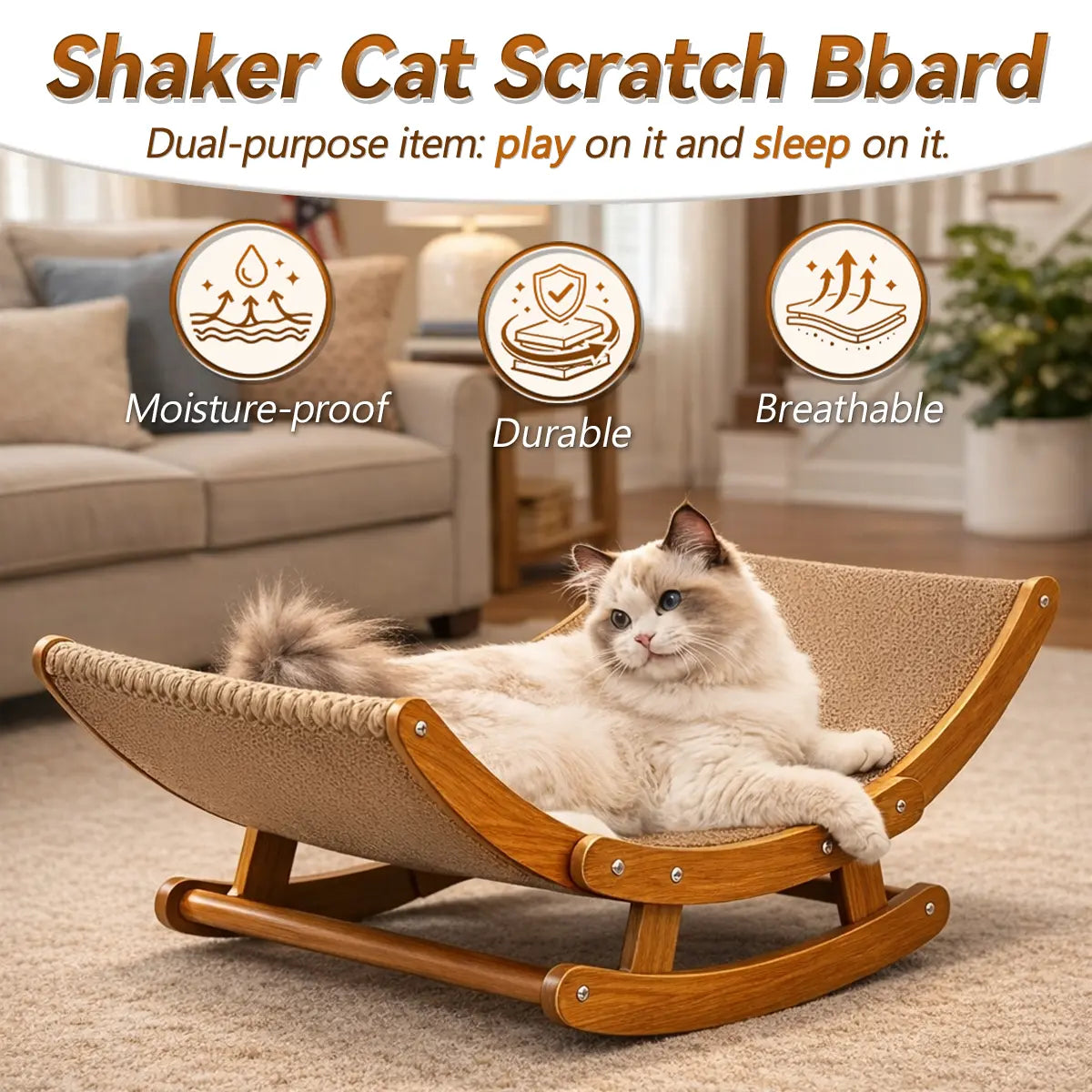 Aesthetic Bohemian Cat Scratcher Bed with Natural Sisal and Solid Wood Frame, Calming Rocking Lounge for Indoor Cats and Kittens, Non-Shedding and Comfortable, Easy to Assemble