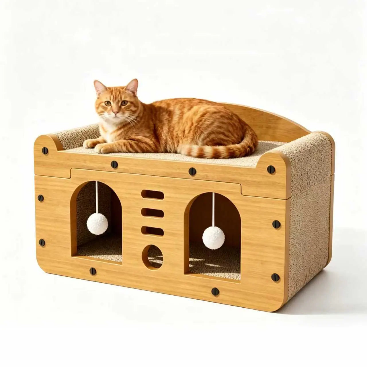 Double Door Scratcher Sofa, 56Cm Size Scratching House with 2 Teaser Balls, 3-In-1 Scratcher Bed Cave for & Multi- Households Belgian Malinois Dog Cat Tree Breathable Elevated Cooling Gothic Coffin Large Foldable Crate