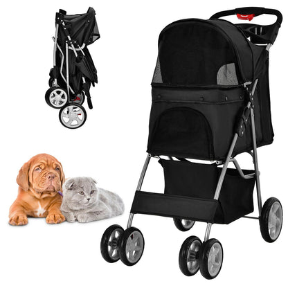 4-Wheel Folding Pet Stroller with Storage Basket and Adjustable Canopy System