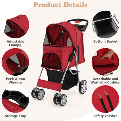 4-Wheel Folding Pet Stroller with Storage Basket and Adjustable Canopy System