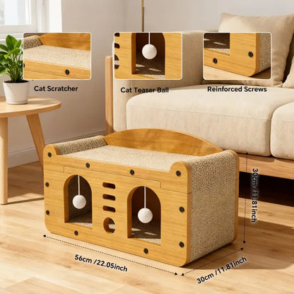 Double Door Scratcher Sofa, 56Cm Size Scratching House with 2 Teaser Balls, 3-In-1 Scratcher Bed Cave for & Multi- Households Belgian Malinois Dog Cat Tree Breathable Elevated Cooling Gothic Coffin Large Foldable Crate