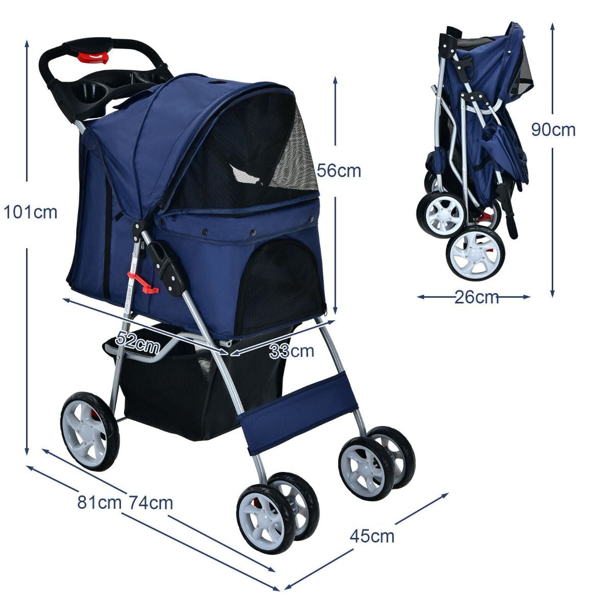 4-Wheel Folding Pet Stroller with Storage Basket and Adjustable Canopy System