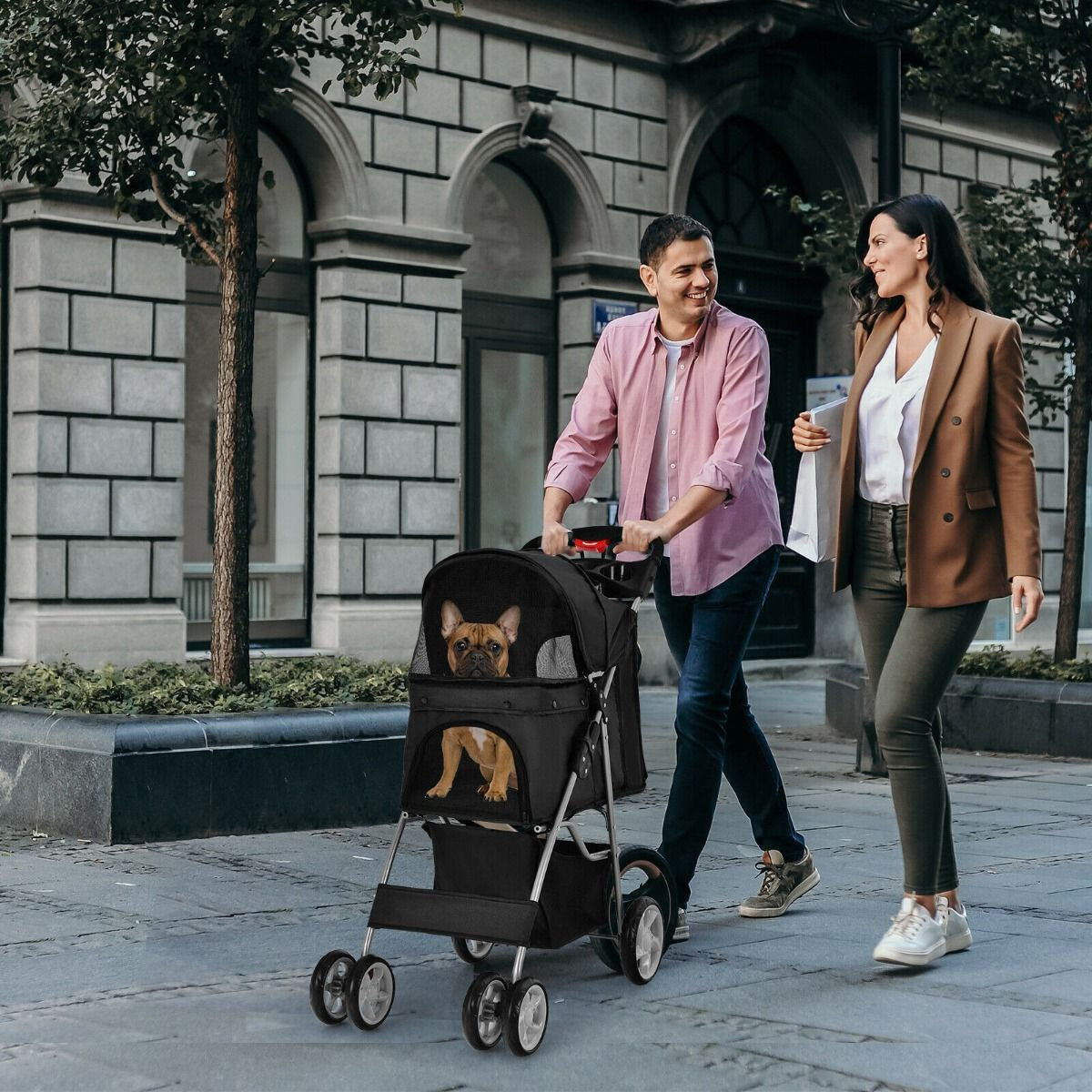 4-Wheel Folding Pet Stroller with Storage Basket and Adjustable Canopy System
