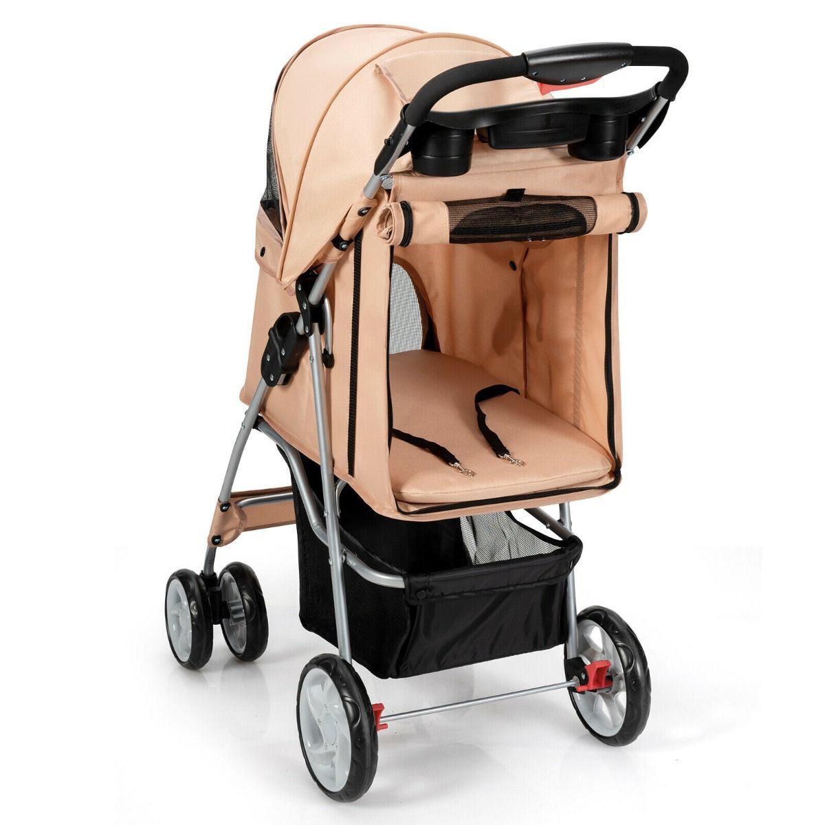 4-Wheel Folding Pet Stroller with Storage Basket and Adjustable Canopy System