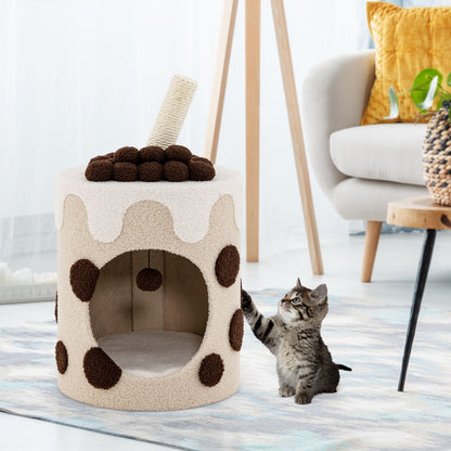 Charming Bubble Tea Cat Tree Tower with Interactive Scratching Post and Cozy Condo