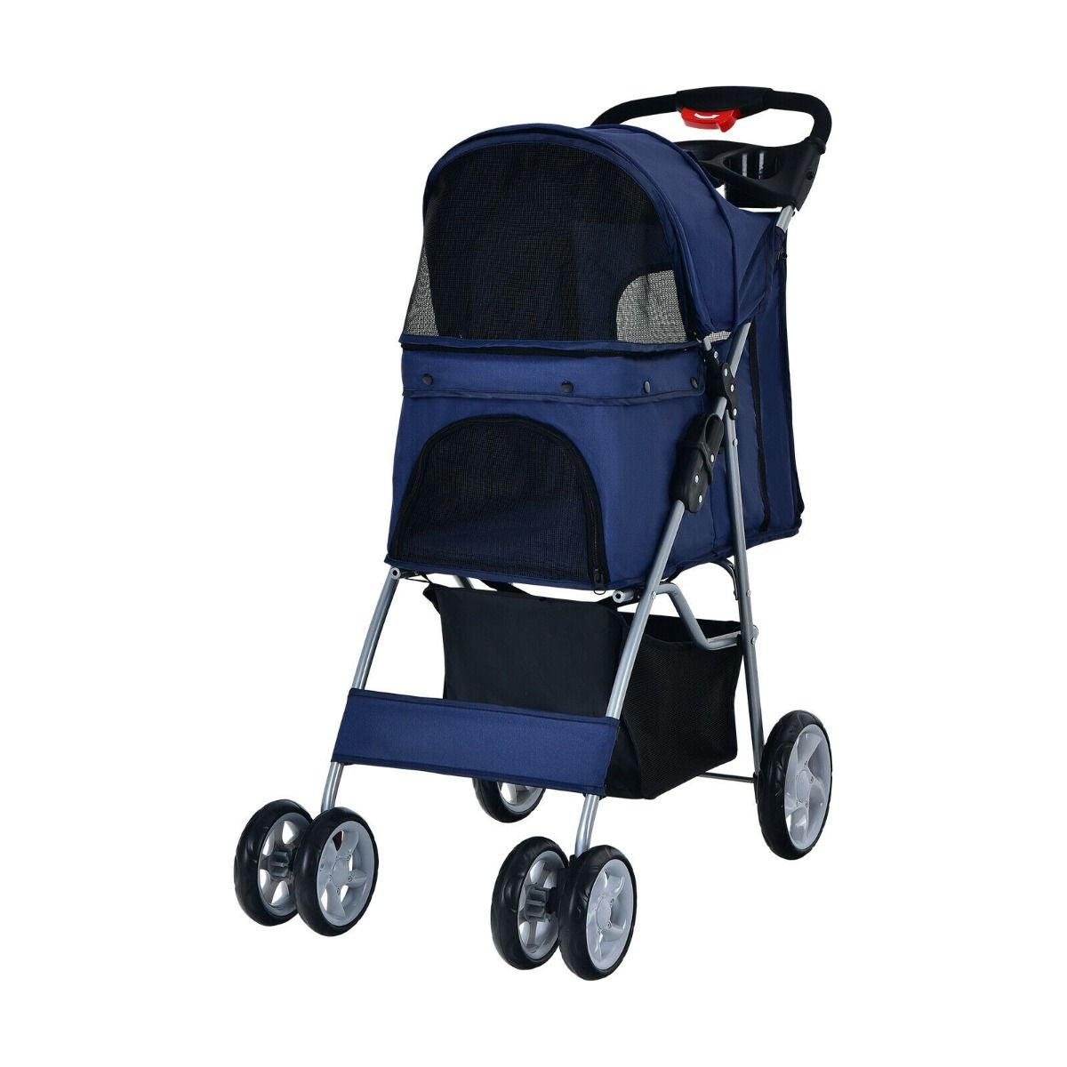 4-Wheel Folding Pet Stroller with Storage Basket and Adjustable Canopy System