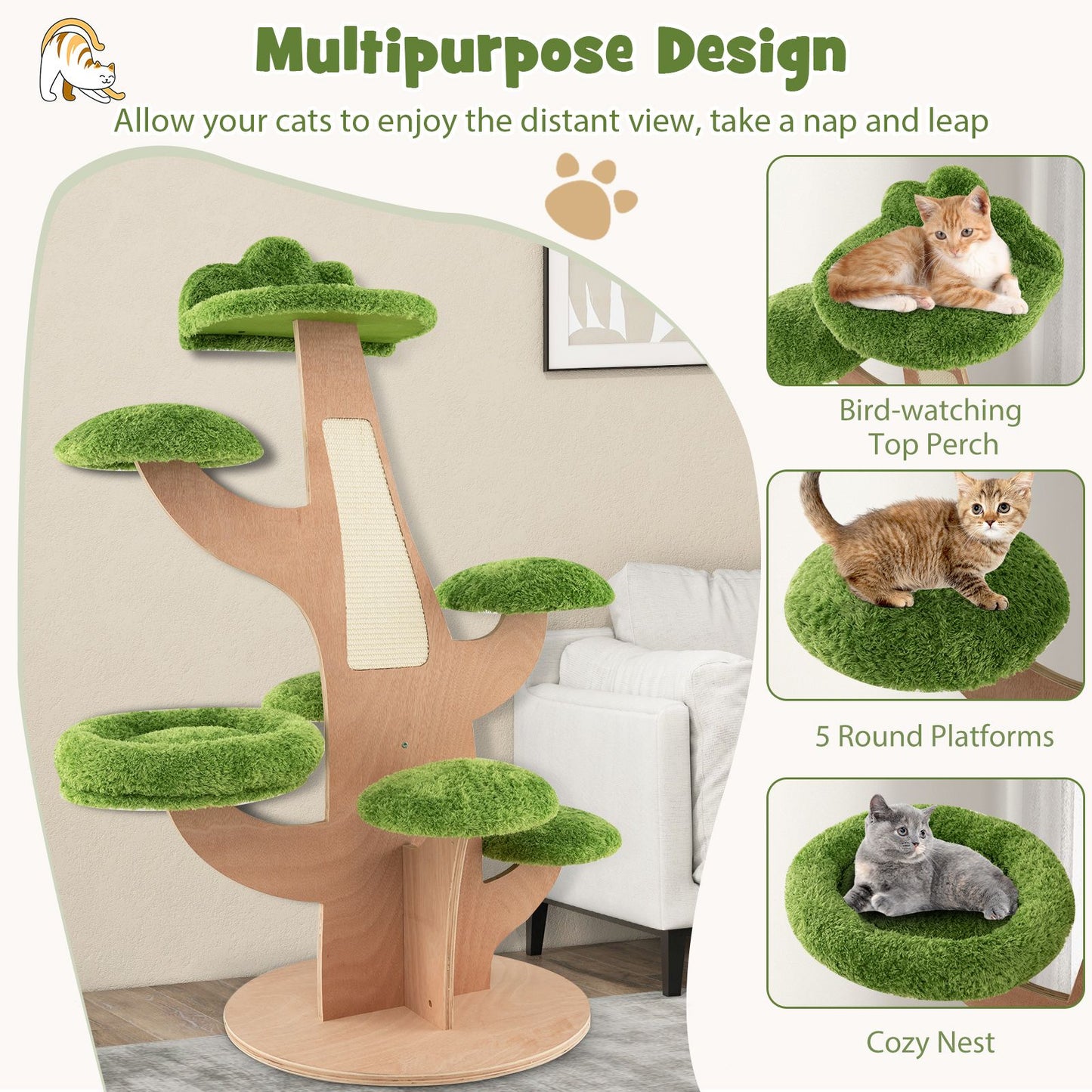 128 cm Multi-Level Pine Cat Tower with Sisal Scratching Board