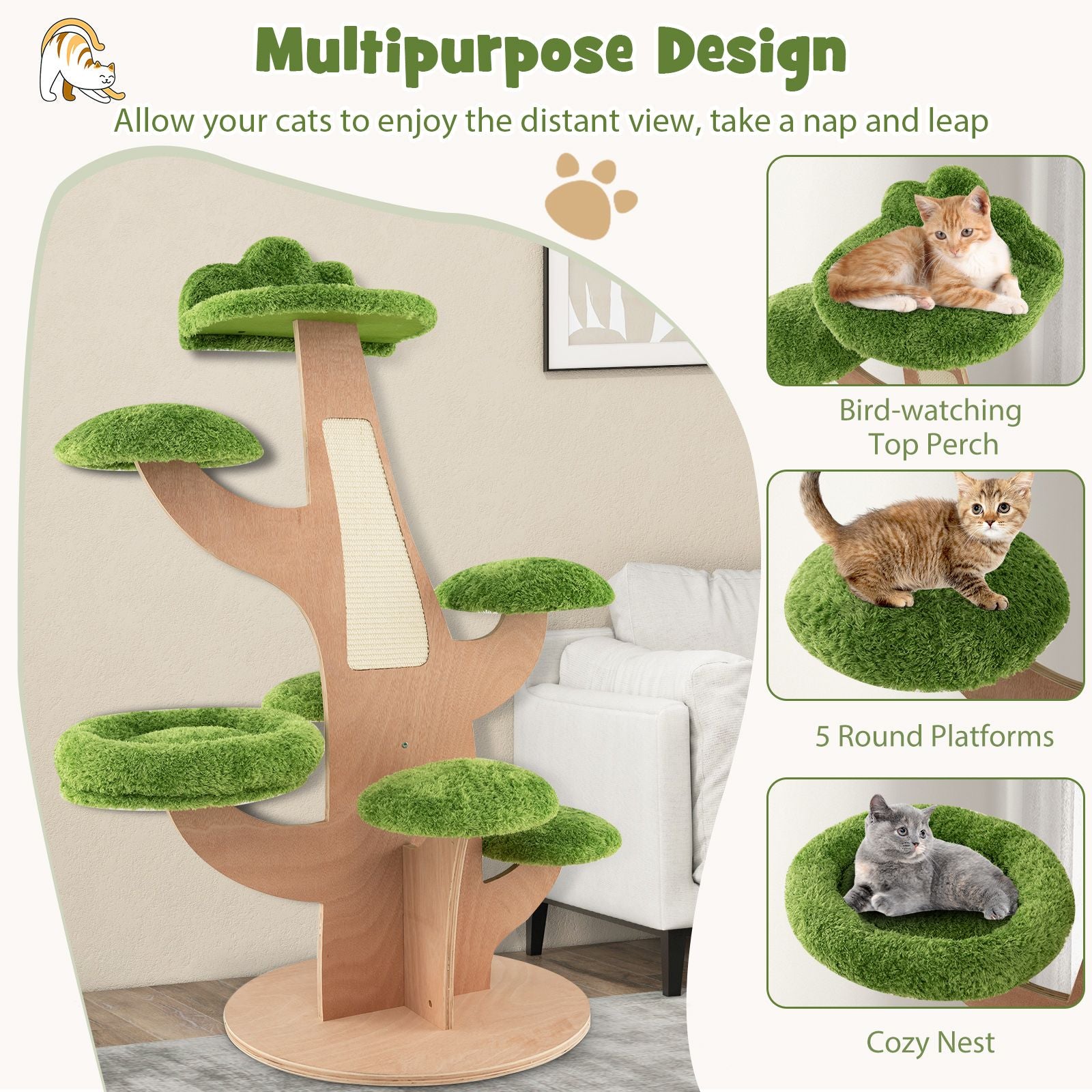 128 cm Multi-Level Pine Cat Tower with Sisal Scratching Board