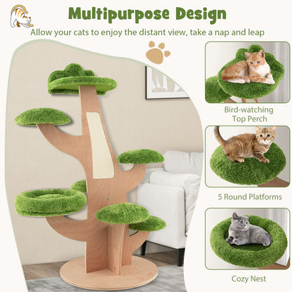 128 cm Multi-Level Pine Cat Tower with Sisal Scratching Board