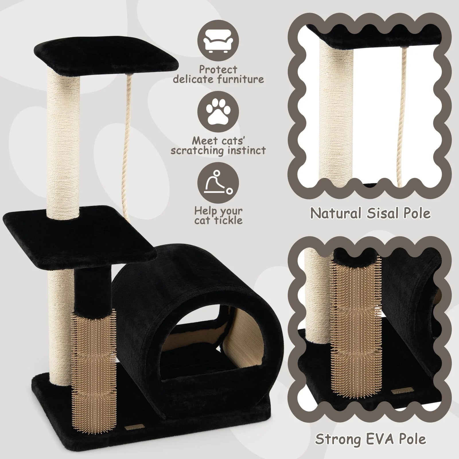 Multi-Tiered Cat Climbing Tower with Grooming Brush and Sisal Rope