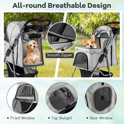 4-Wheel Folding Pet Stroller with Storage Basket and Adjustable Canopy System