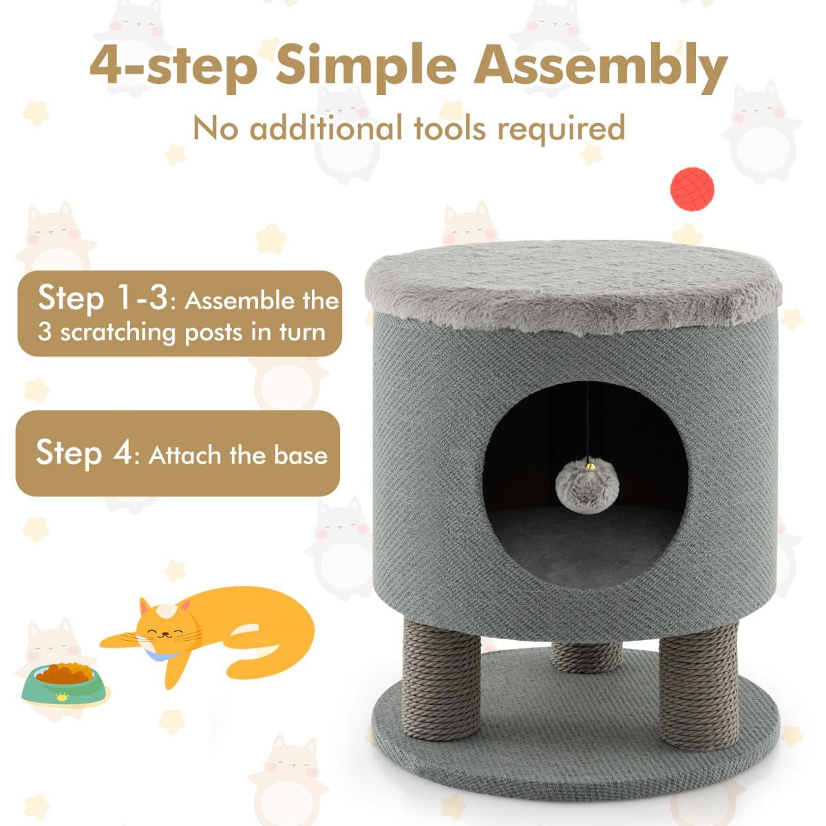 Indoor Cat Condo Stool with Scratching Posts and Plush Toy Ball