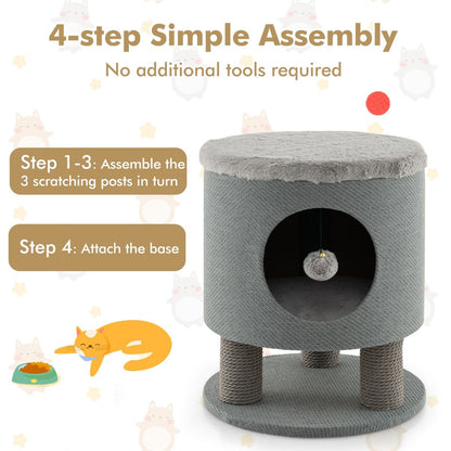 Indoor Cat Condo Stool with Scratching Posts and Plush Toy Ball