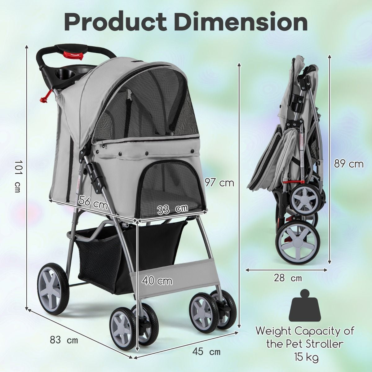 4-Wheel Folding Pet Stroller with Storage Basket and Adjustable Canopy System