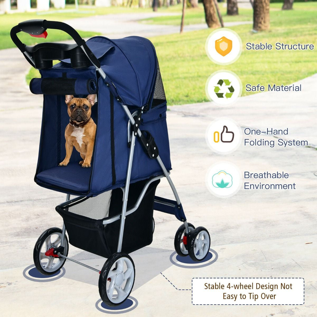 4-Wheel Folding Pet Stroller with Storage Basket and Adjustable Canopy System