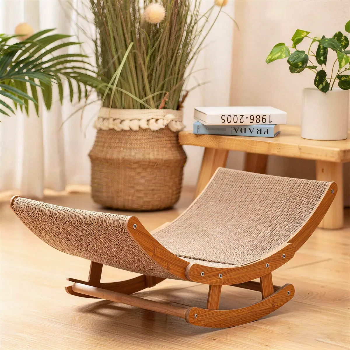 Aesthetic Bohemian Cat Scratcher Bed with Natural Sisal and Solid Wood Frame, Calming Rocking Lounge for Indoor Cats and Kittens, Non-Shedding and Comfortable, Easy to Assemble