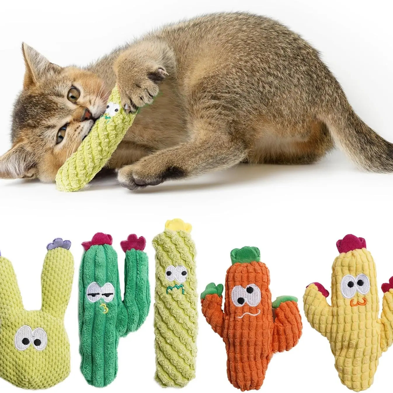 Pawsible 5-Pack Colorful Cactus Cat Toy Set with 100% Premium Cat Herb Filling - Natural Stimulation and Soft Teething Toys for Kittens