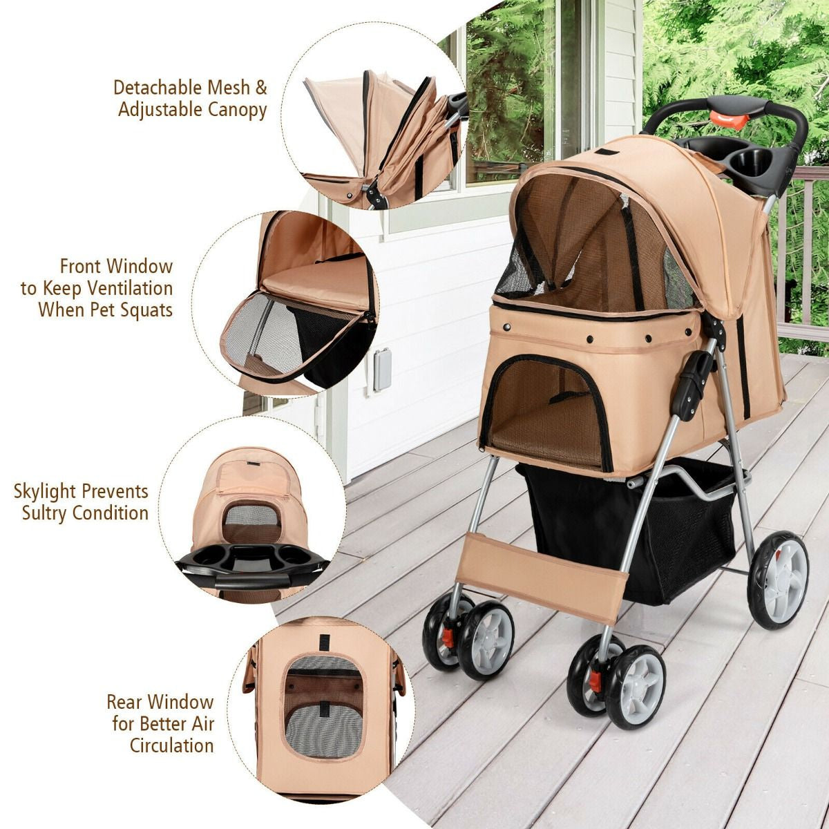 4-Wheel Folding Pet Stroller with Storage Basket and Adjustable Canopy System