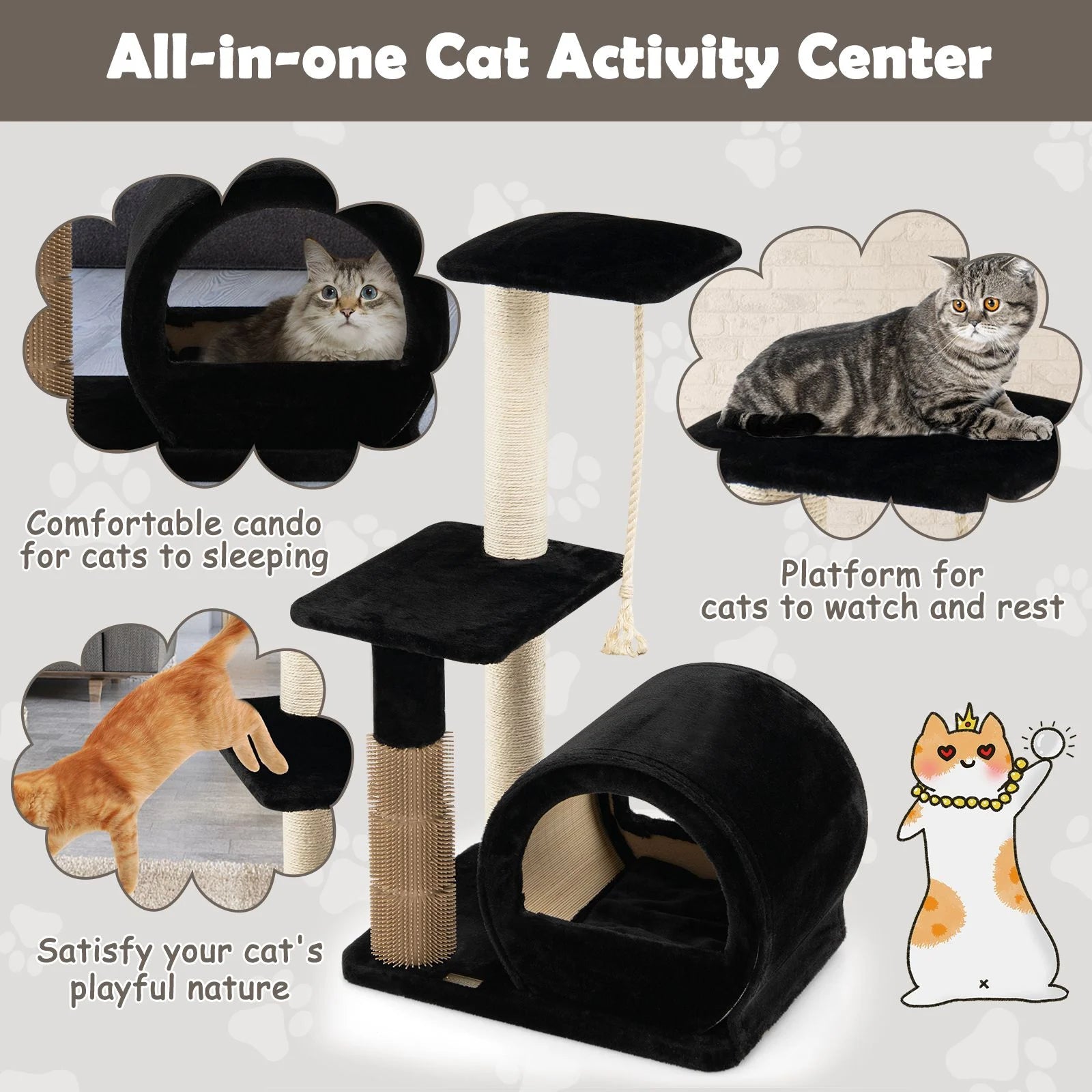 Multi-Tiered Cat Climbing Tower with Grooming Brush and Sisal Rope