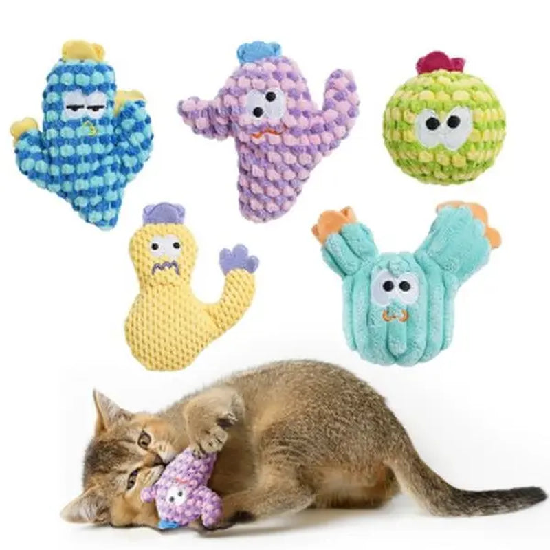 Pawsible 5-Pack Colorful Cactus Cat Toy Set with 100% Premium Cat Herb Filling - Natural Stimulation and Soft Teething Toys for Kittens