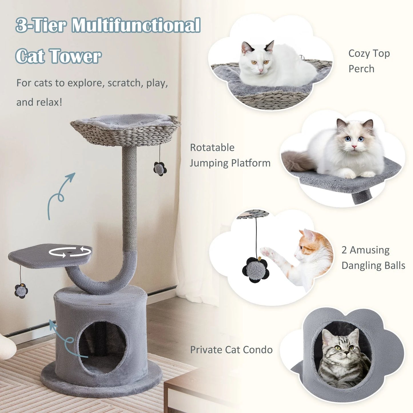 3-Tier Cat Tree with Sisal-Wrapped Scratching Post