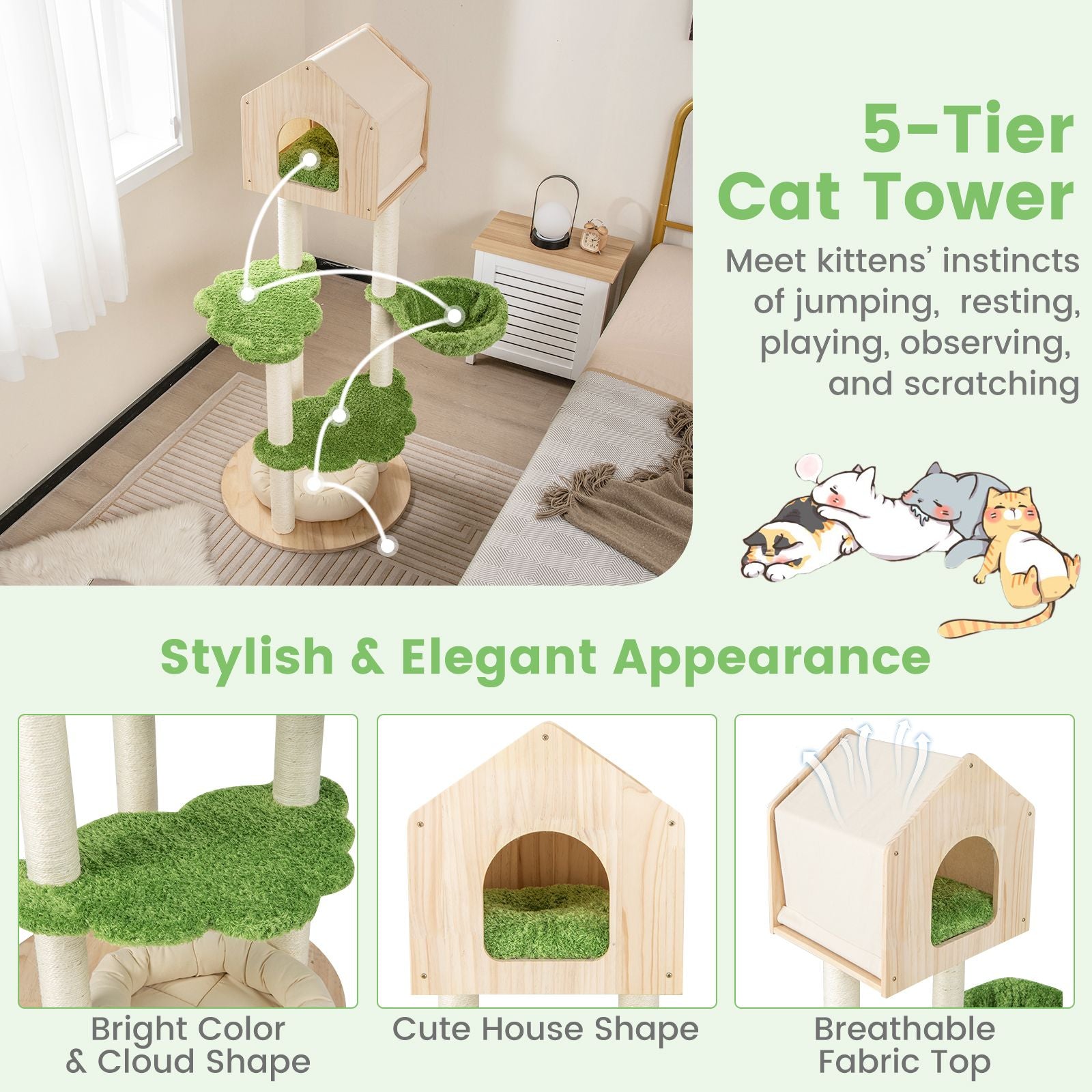 Stylish Wooden Cat Tree with Cozy Condos and Durable Sisal Scratching Posts for Happy Kittens