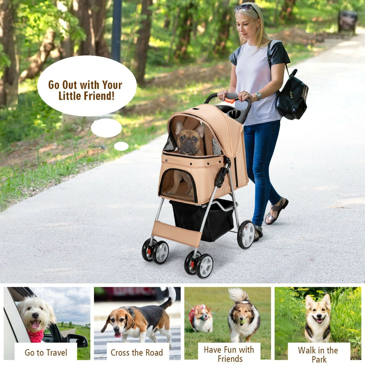 4-Wheel Folding Pet Stroller with Storage Basket and Adjustable Canopy System