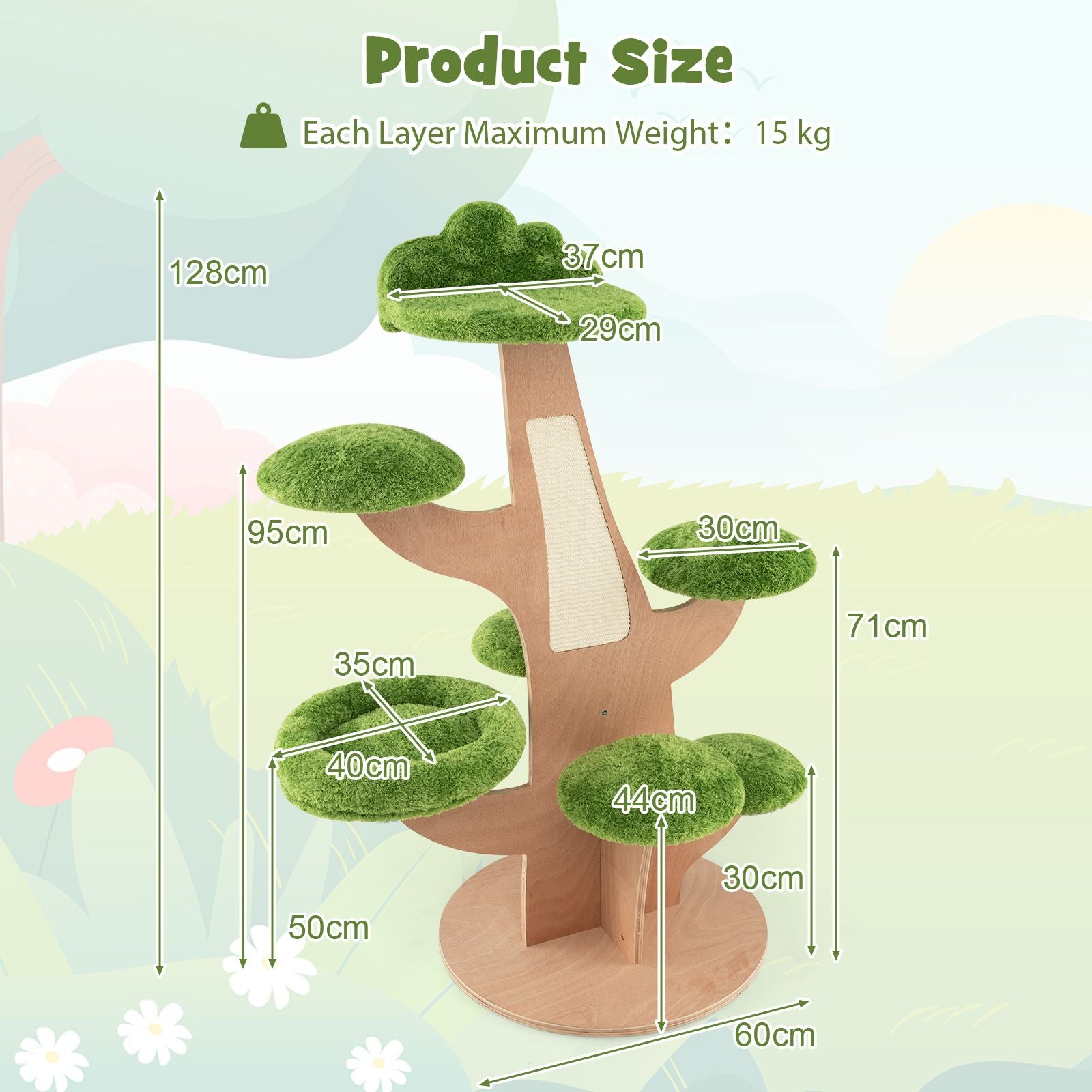 128 cm Multi-Level Pine Cat Tower with Sisal Scratching Board