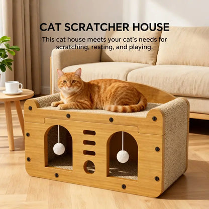 Double Door Scratcher Sofa, 56Cm Size Scratching House with 2 Teaser Balls, 3-In-1 Scratcher Bed Cave for & Multi- Households Belgian Malinois Dog Cat Tree Breathable Elevated Cooling Gothic Coffin Large Foldable Crate