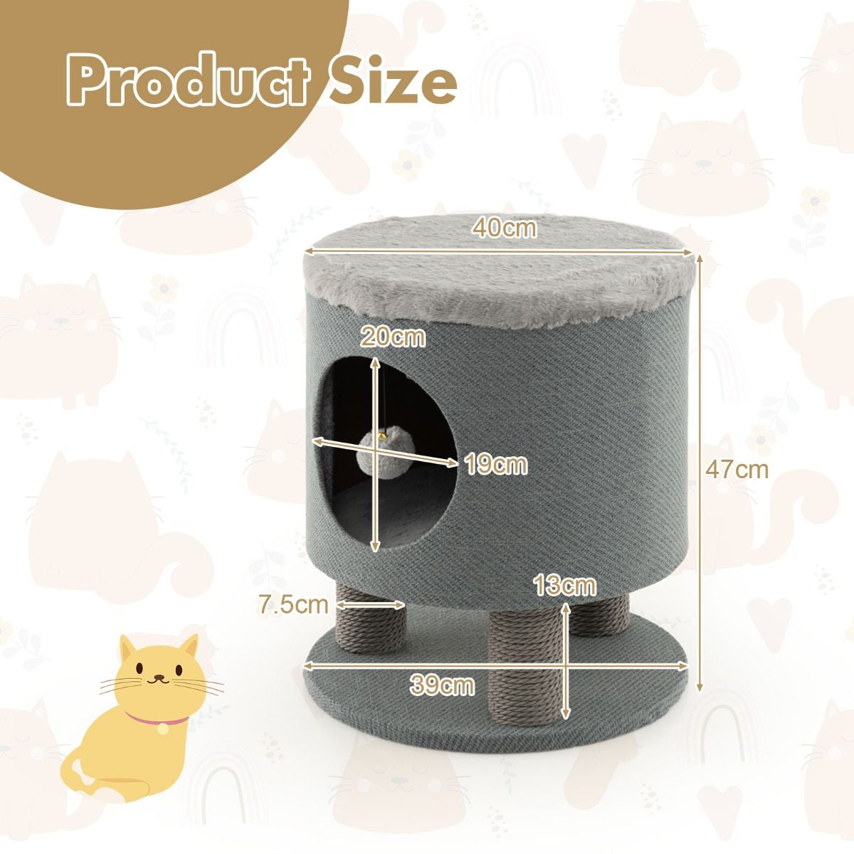 Indoor Cat Condo Stool with Scratching Posts and Plush Toy Ball