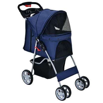 4-Wheel Folding Pet Stroller with Storage Basket and Adjustable Canopy System