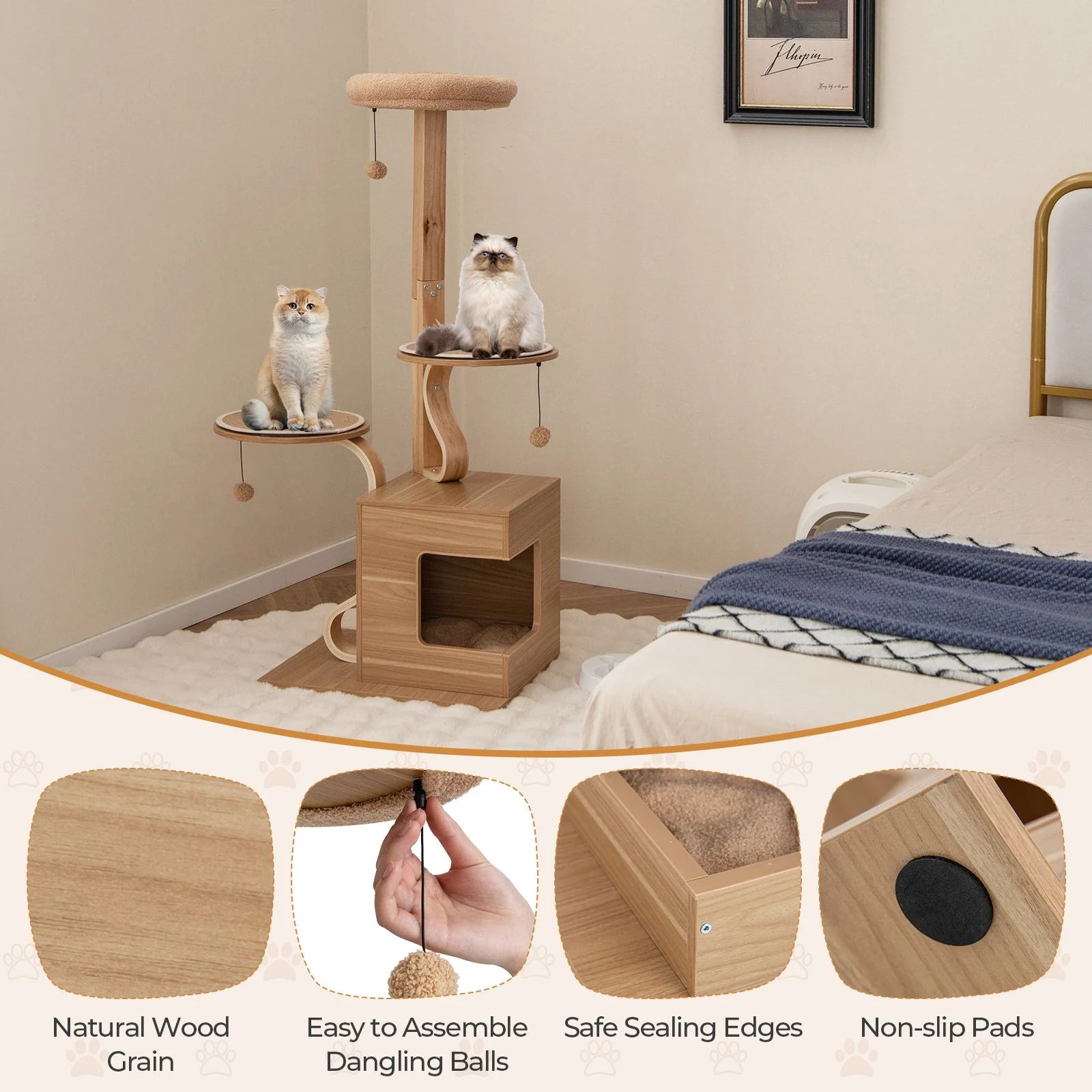 51-Inch Premium Wooden Cat Tree with Durable Solid Wood Post and Curved Plywood Frame