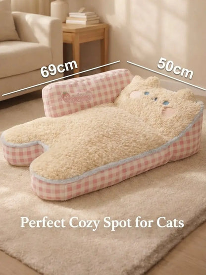 2026 Aesthetic Pink Gingham Plush Cat Sofa Bed - Orthopedic and Calming Fleece Lounger for Cats and Small Dogs