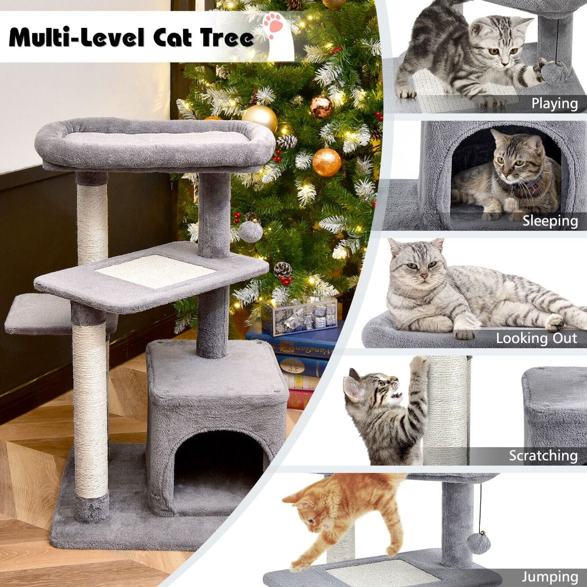 4-Tier Cat Tree with Scratching Posts and Interactive Dangling Ball