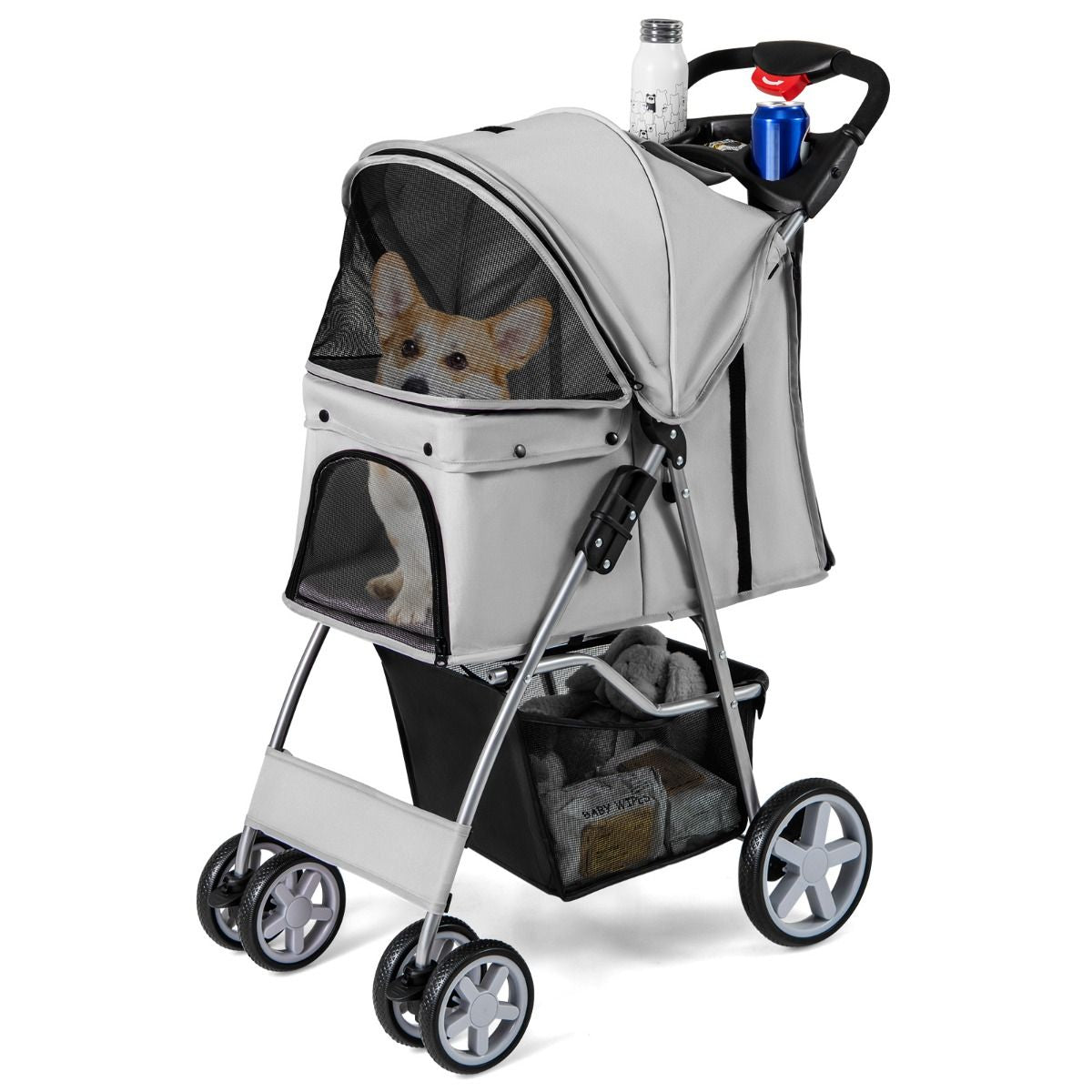 4-Wheel Folding Pet Stroller with Storage Basket and Adjustable Canopy System
