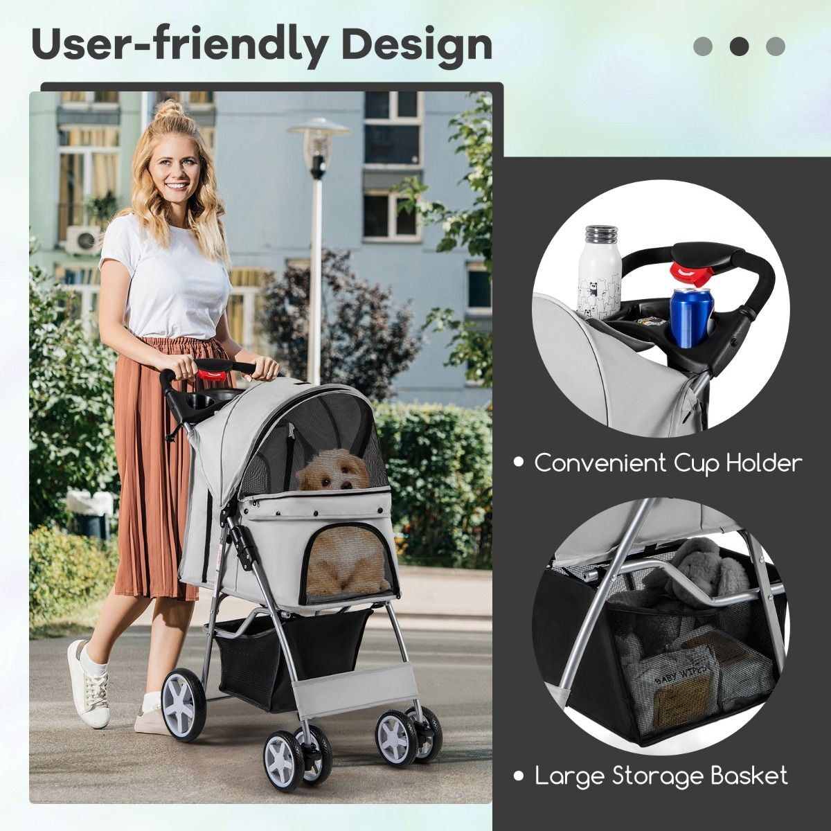 4-Wheel Folding Pet Stroller with Storage Basket and Adjustable Canopy System