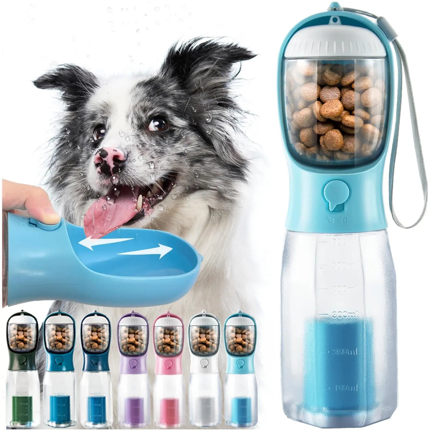 3-in-1 Portable Water Bottle for Dogs with Food Container and Poop Bag Holder - Ideal for Outdoor Activities, 20 Oz, Blue