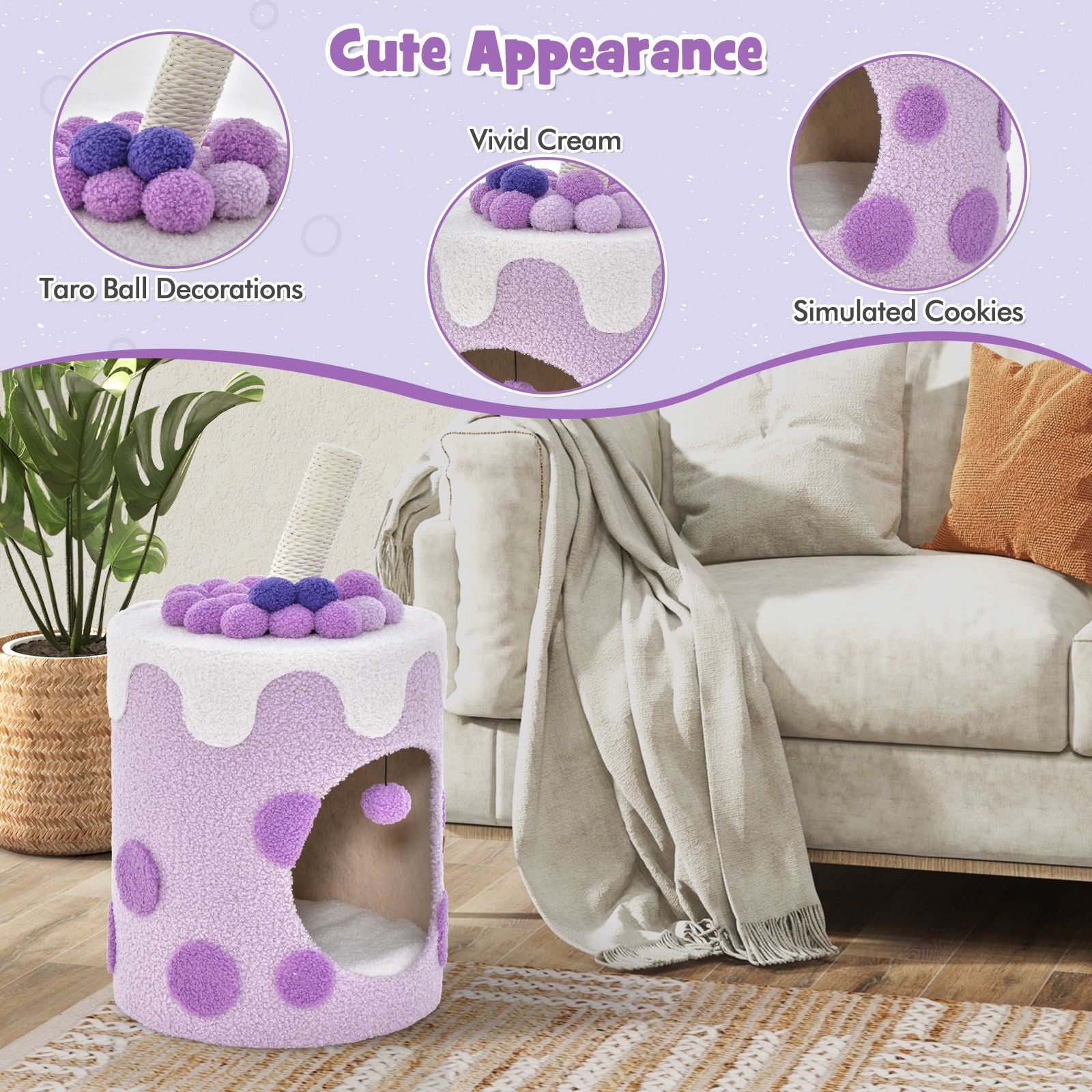 Charming Bubble Tea Cat Tree Tower with Interactive Scratching Post and Cozy Condo