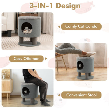 Indoor Cat Condo Stool with Scratching Posts and Plush Toy Ball