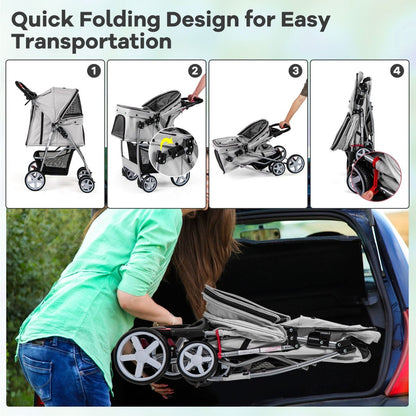 4-Wheel Folding Pet Stroller with Storage Basket and Adjustable Canopy System