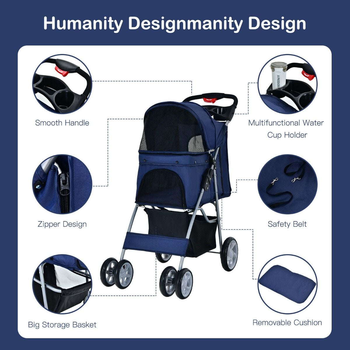 4-Wheel Folding Pet Stroller with Storage Basket and Adjustable Canopy System