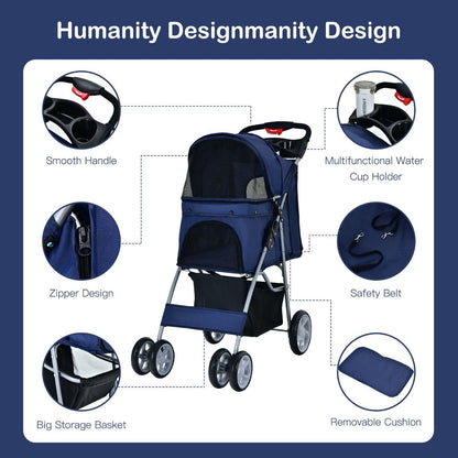 4-Wheel Folding Pet Stroller with Storage Basket and Adjustable Canopy System
